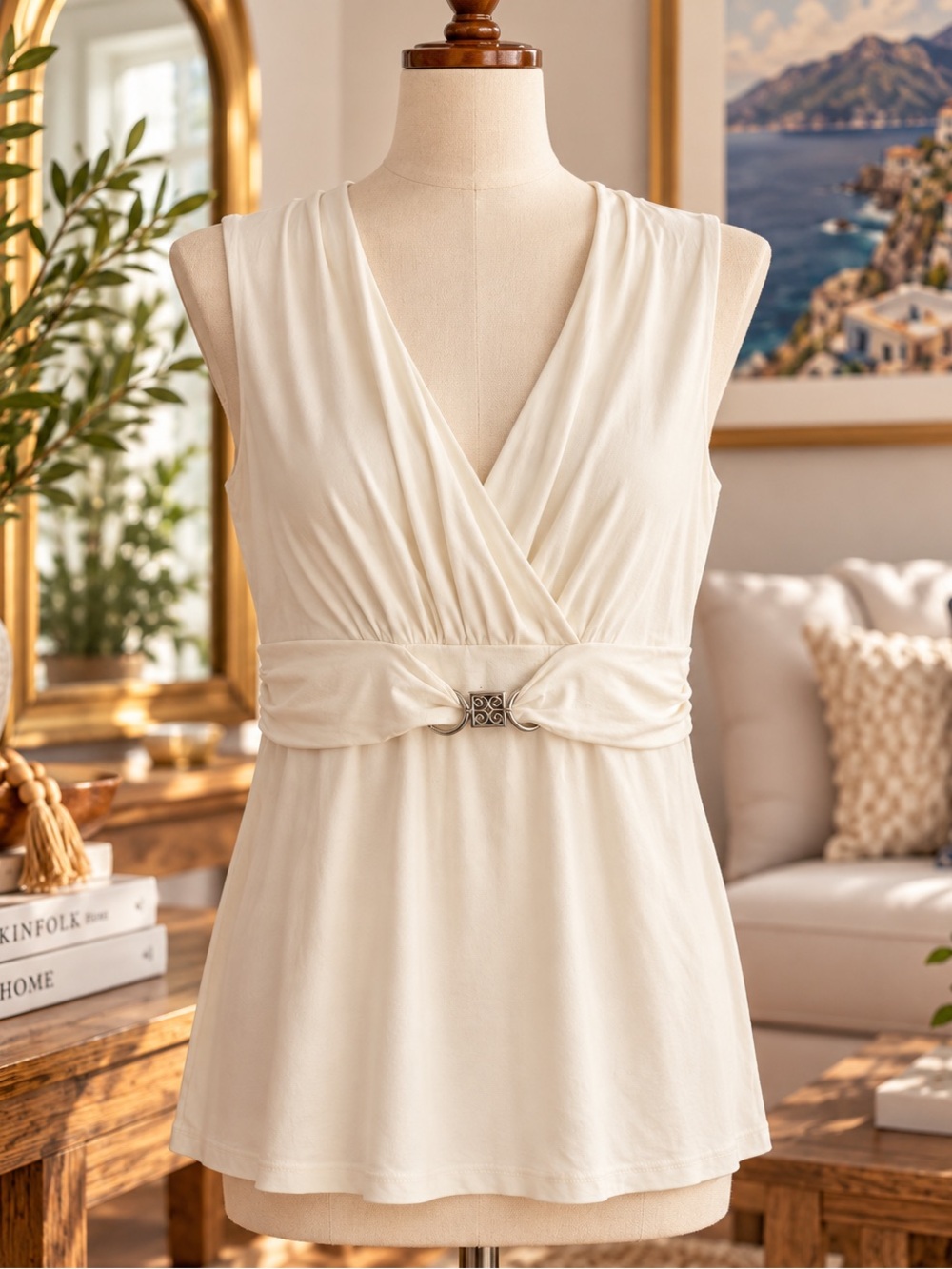 White House Black Market Cream Surplice Waist-Tie Tunic